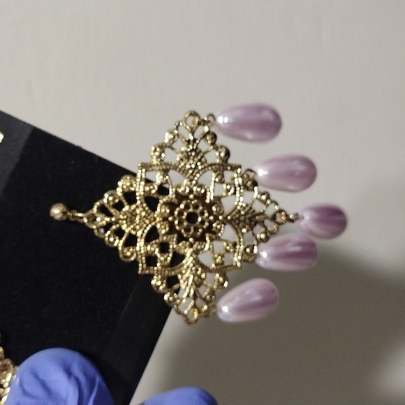 Women's Gold-tone Diamond Shape Filigree Design Beaded Drop Dangle Earrings, #3 - Picture 3 of 5